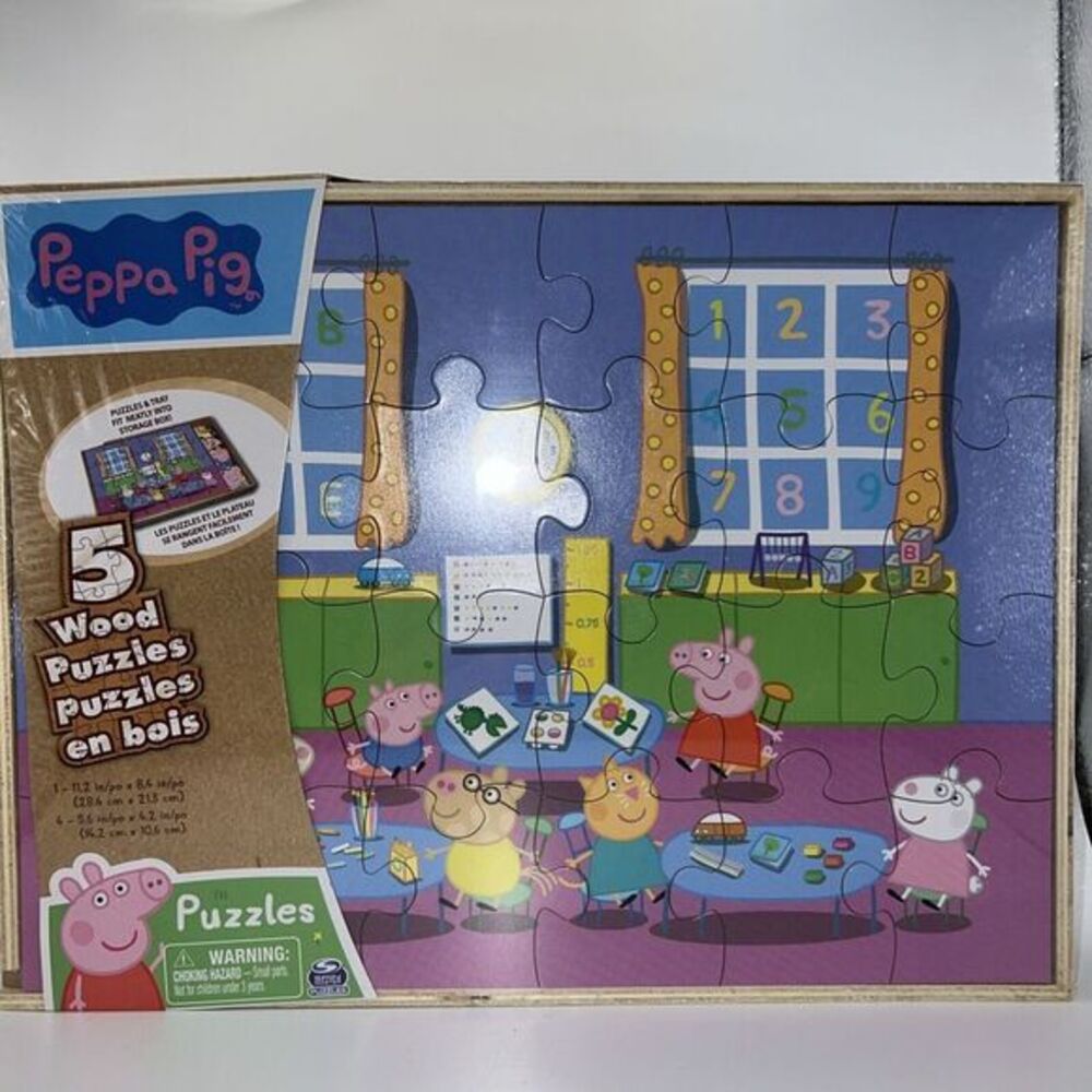 Peppa Pig 5 Wood Spin Master‎ Puzzles in Wooden Storage Box